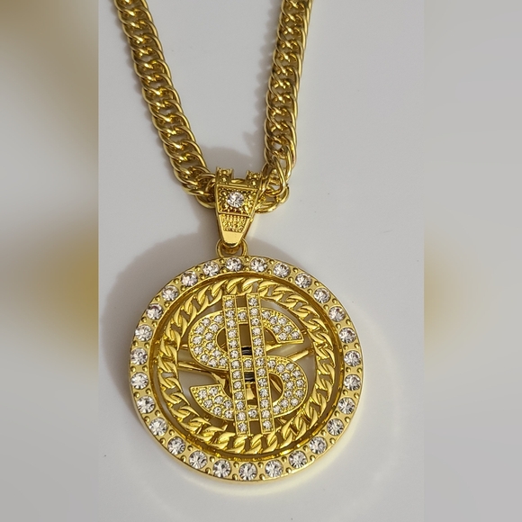 Bling iced out gold plated dollar money spinning necklace chain Halloween costum - Picture 8 of 12